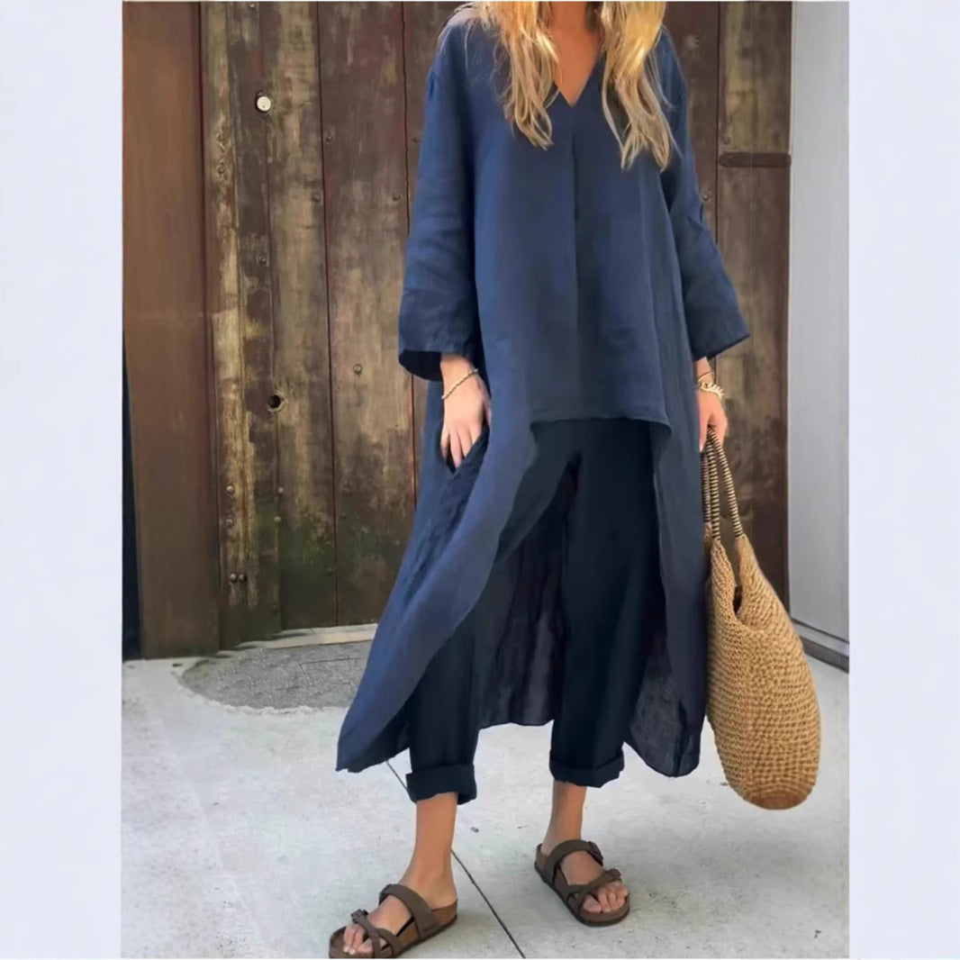 Loose 2-piece set with V-neck and pockets