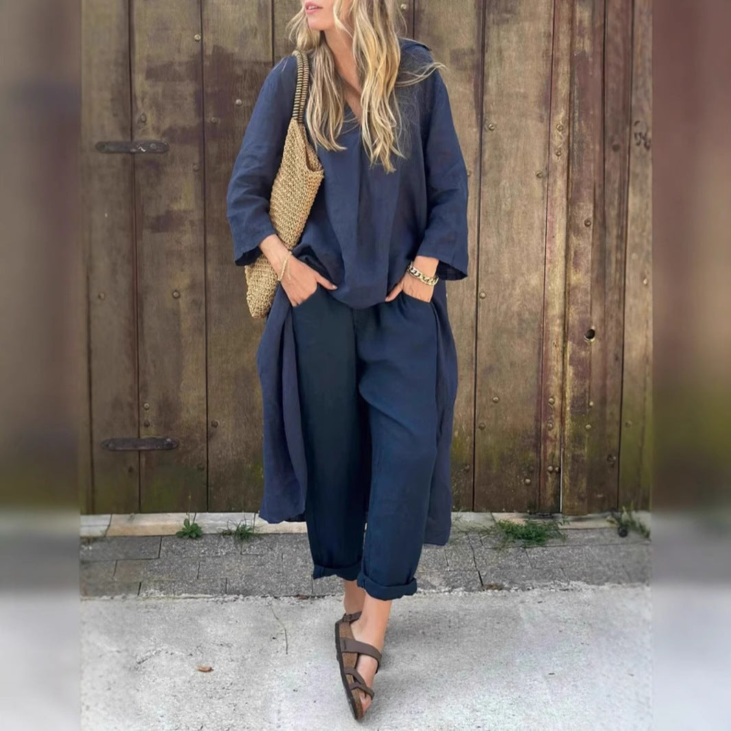 Loose 2-piece set with V-neck and pockets