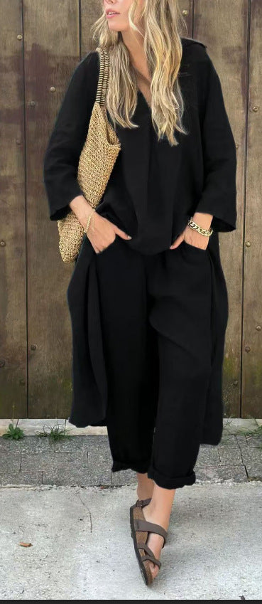 Loose 2-piece set with V-neck and pockets
