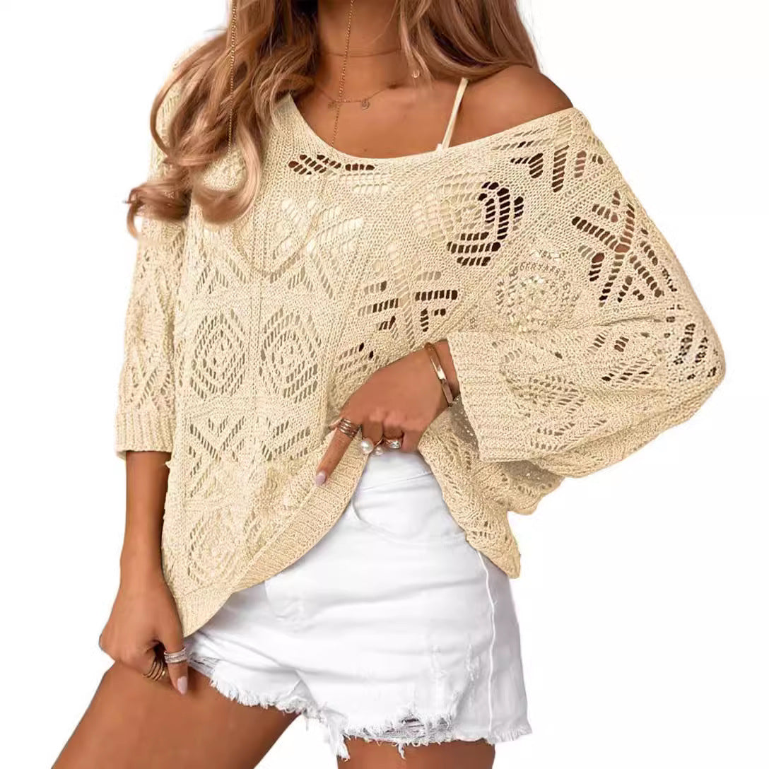 Pull Épaules Dénudées en Crochet ajouré – Manches Trois-quarts