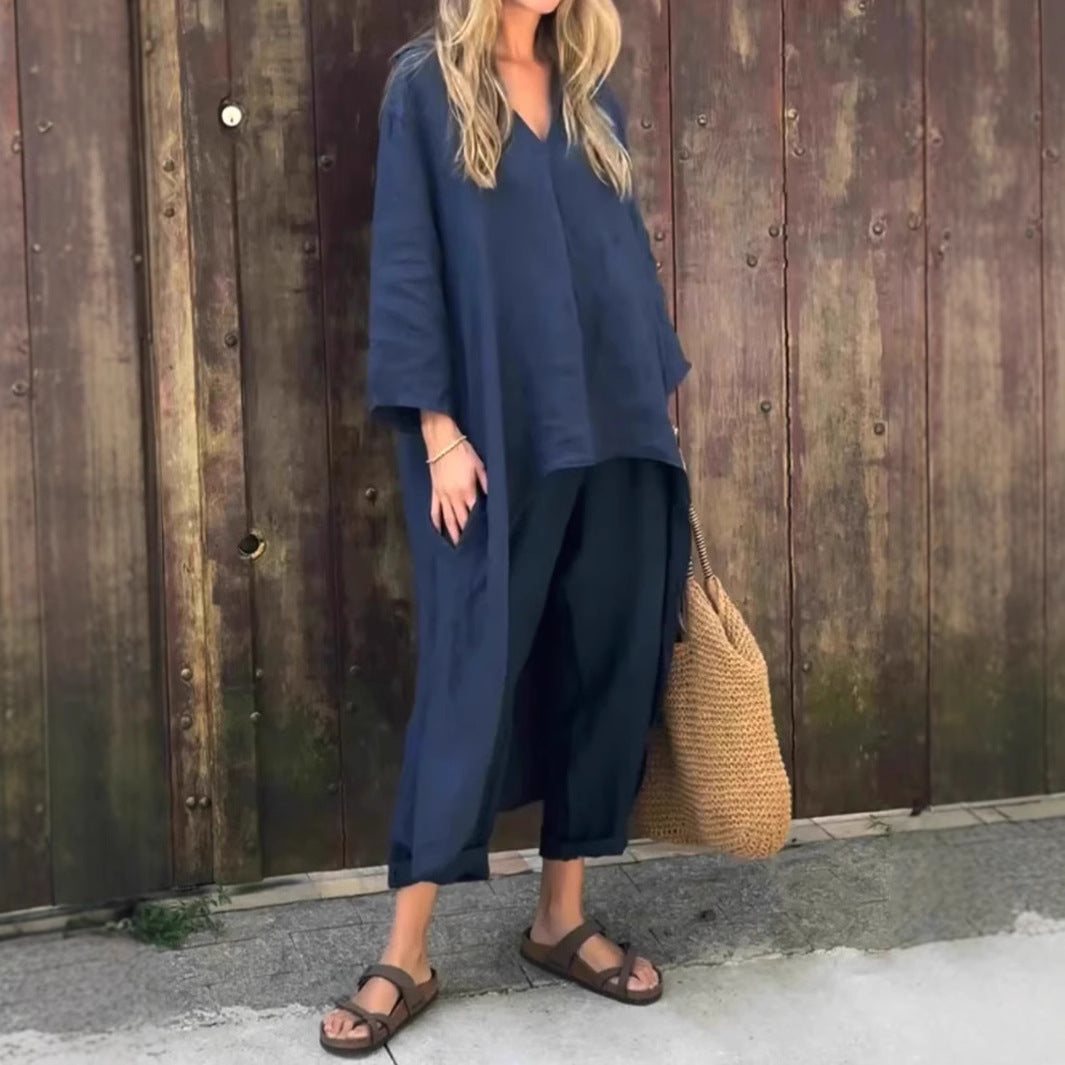 Loose 2-piece set with V-neck and pockets