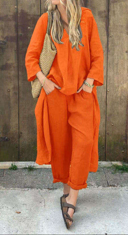 Loose 2-piece set with V-neck and pockets
