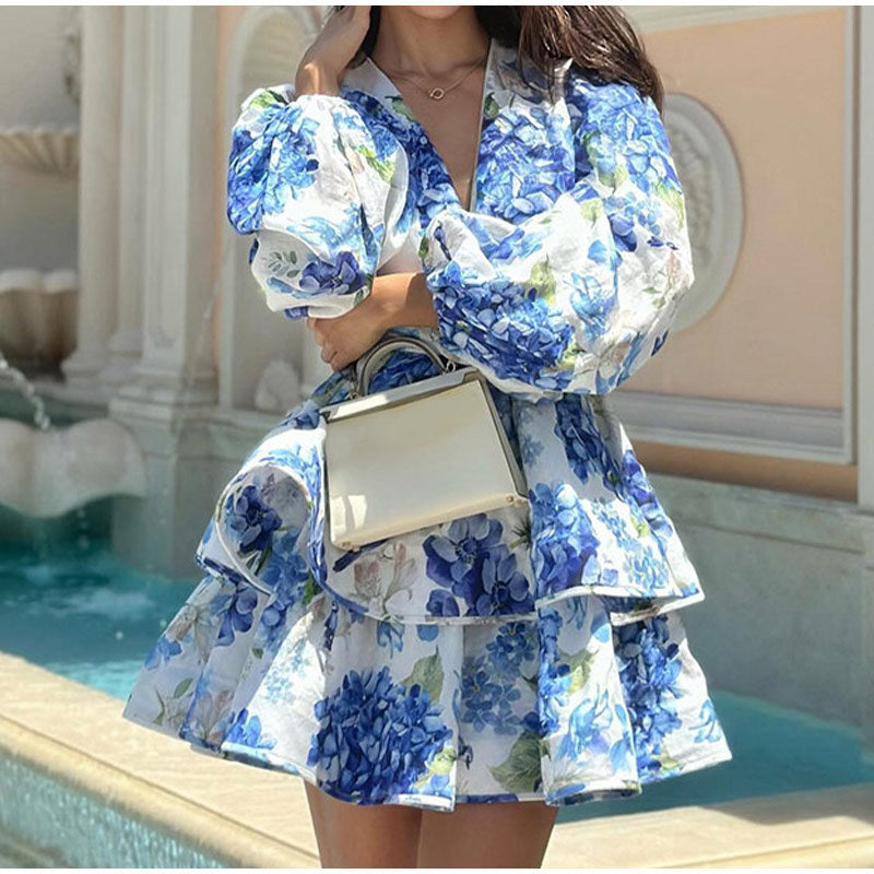 Long sleeve printed dress with ruffles, slim fit