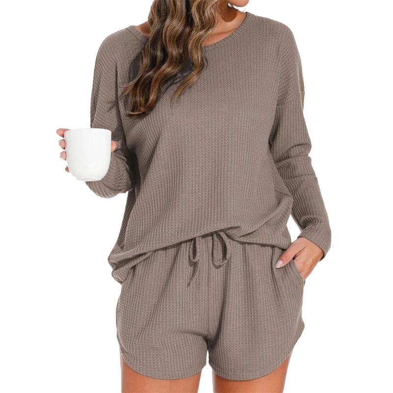 Women's waffle knit pajamas with long sleeves