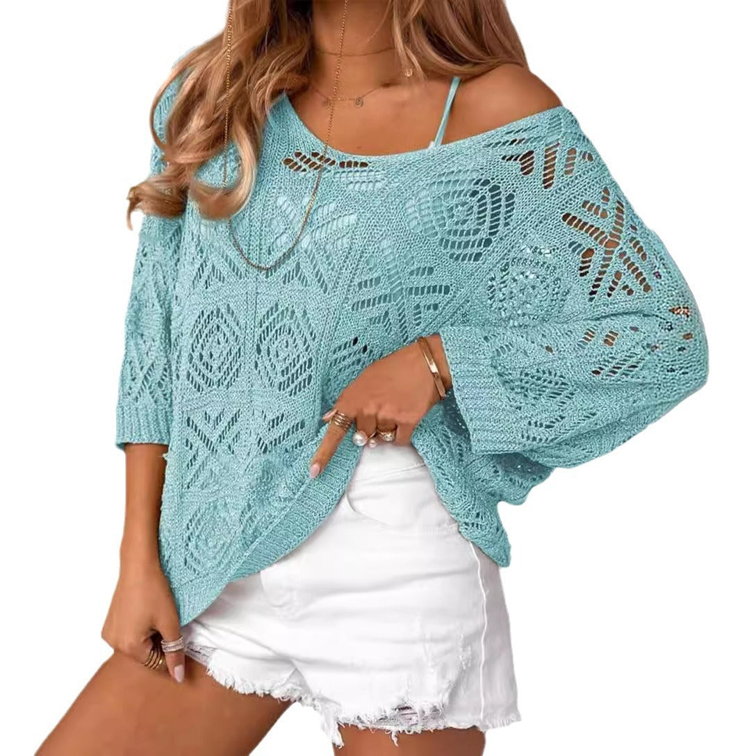 Pull Épaules Dénudées en Crochet ajouré – Manches Trois-quarts