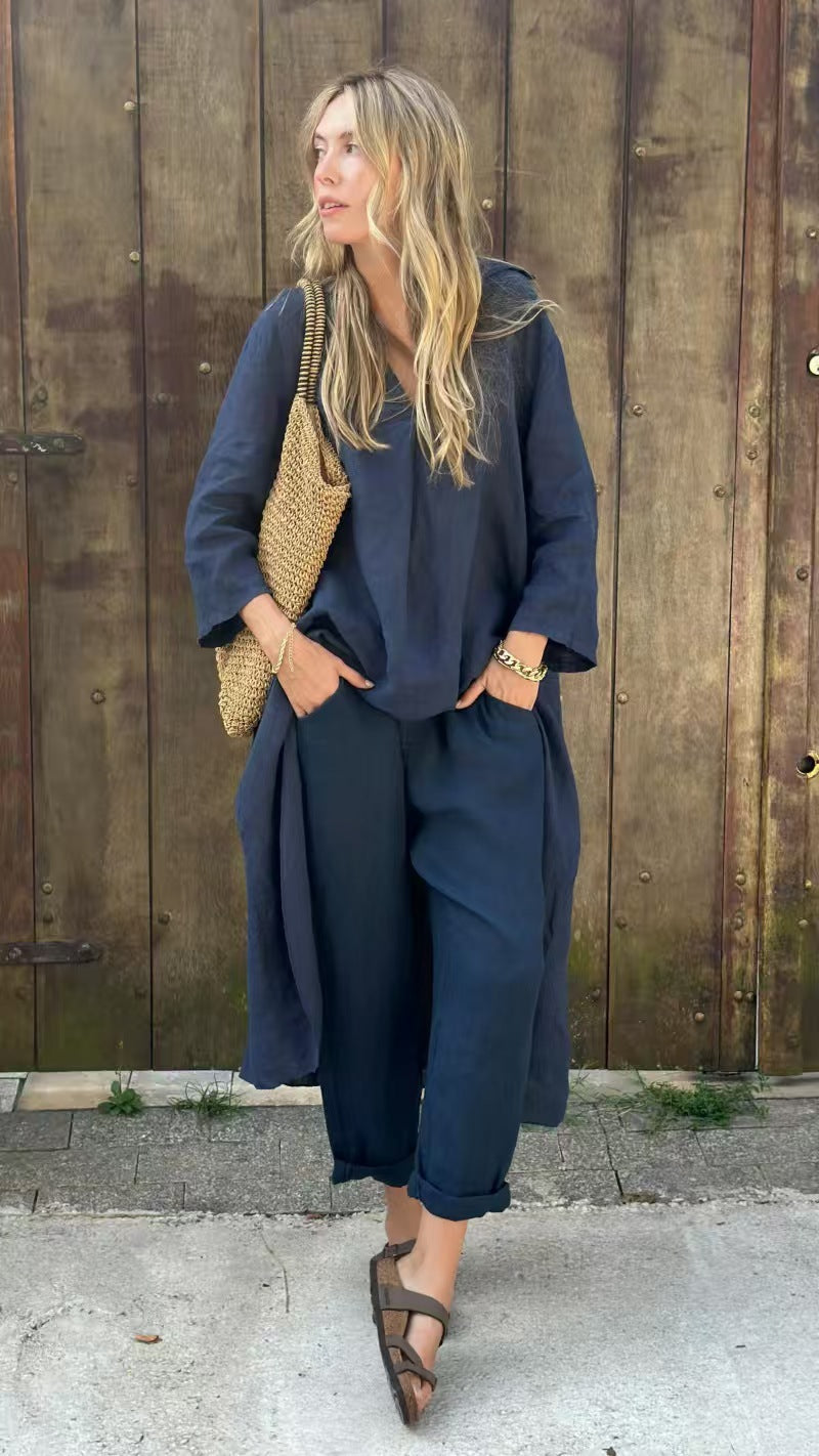 Loose 2-piece set with V-neck and pockets