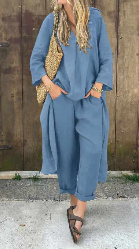 Loose 2-piece set with V-neck and pockets