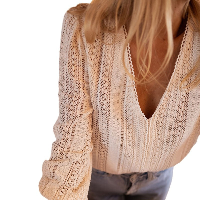 Elegant Women's Blouse - Plain V-Neck Long Sleeve Top