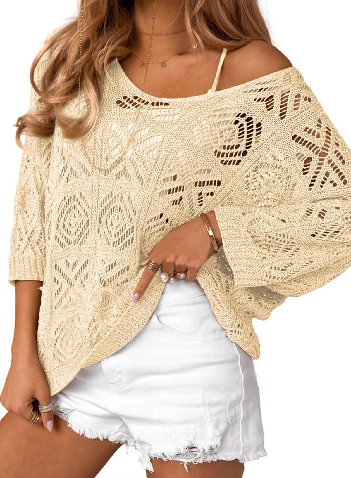 Pull Épaules Dénudées en Crochet ajouré – Manches Trois-quarts