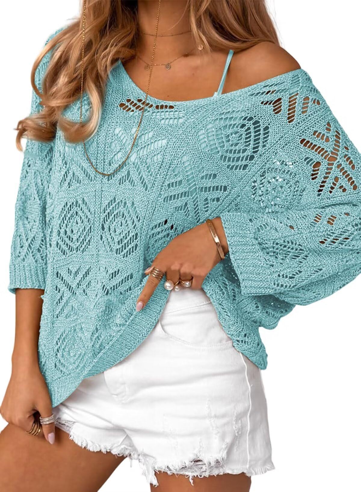 Pull Épaules Dénudées en Crochet ajouré – Manches Trois-quarts