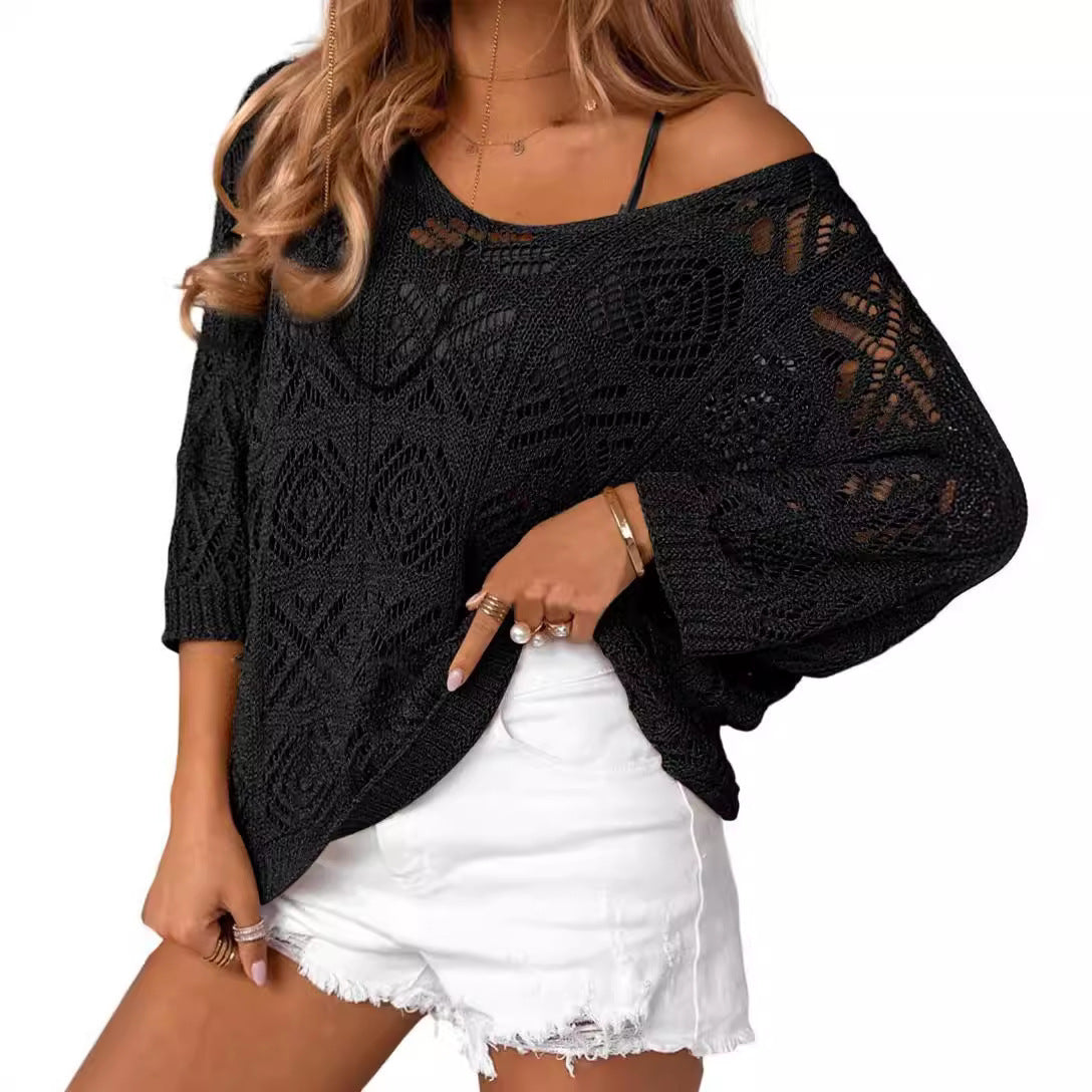 Pull Épaules Dénudées en Crochet ajouré – Manches Trois-quarts