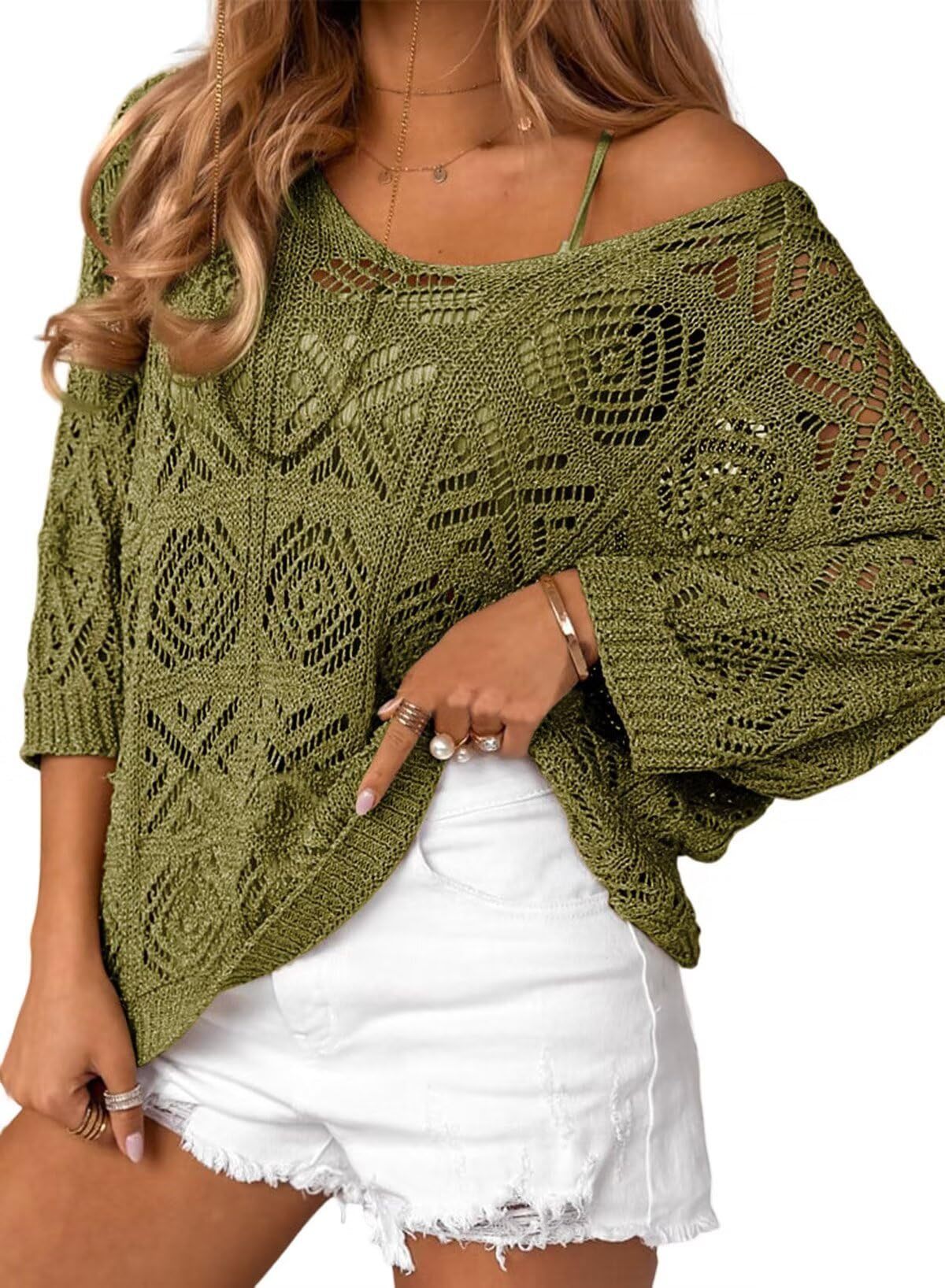 Pull Épaules Dénudées en Crochet ajouré – Manches Trois-quarts