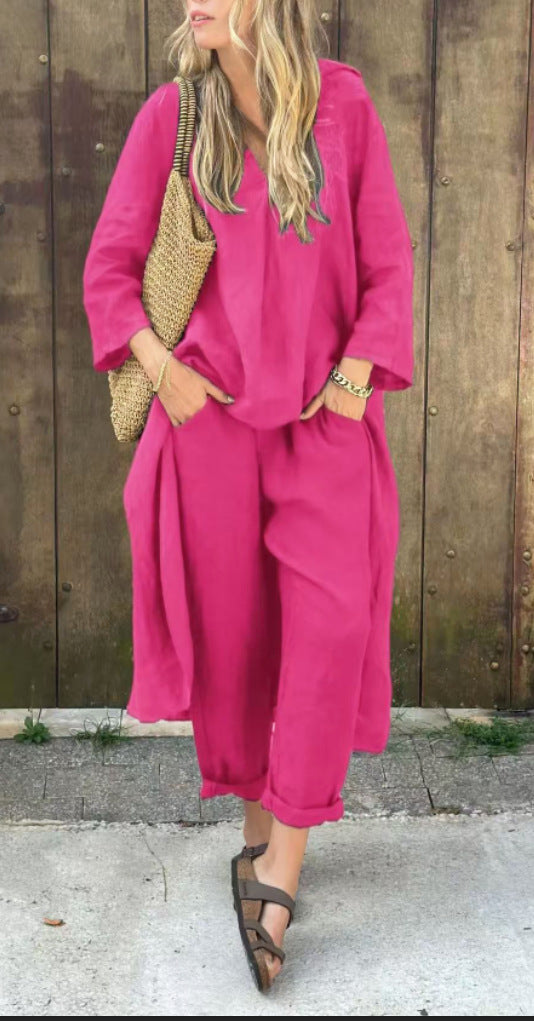 Loose 2-piece set with V-neck and pockets