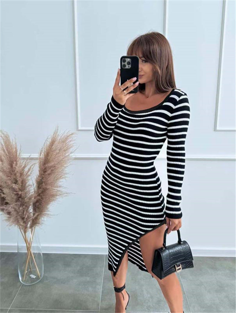 Robe Élégante à Rayures – Fendue sur le Côté, Automne/Hiver