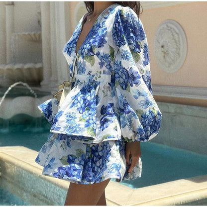 Long sleeve printed dress with ruffles, slim fit 