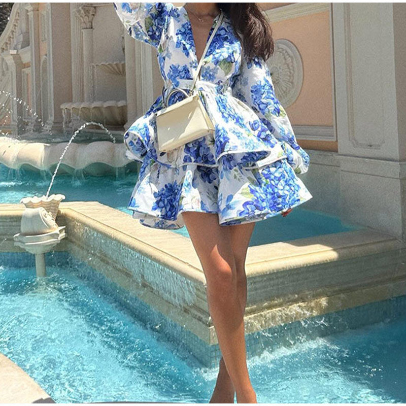 Long sleeve printed dress with ruffles, slim fit 