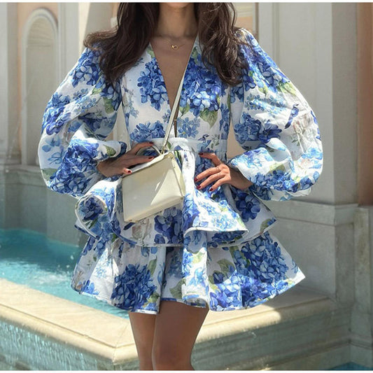 Long sleeve printed dress with ruffles, slim fit 