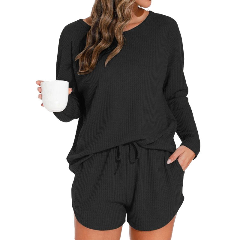 Women's waffle knit pajamas with long sleeves