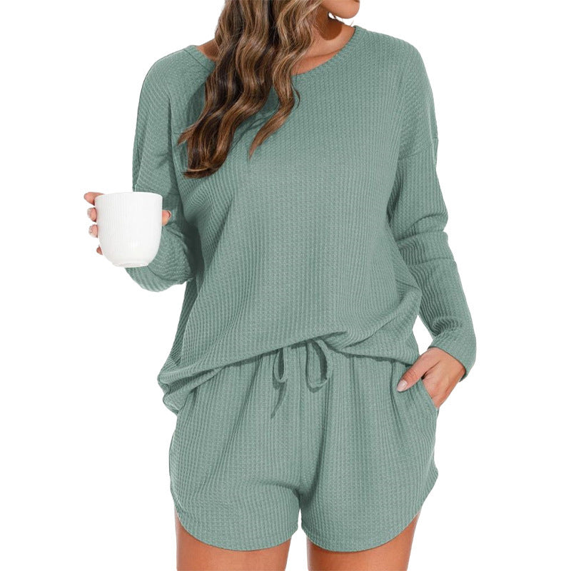 Women's waffle knit pajamas with long sleeves