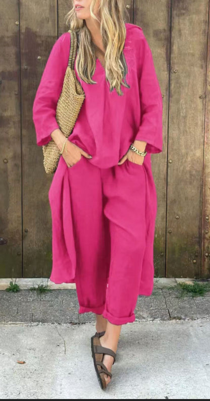 Loose 2-piece set with V-neck and pockets