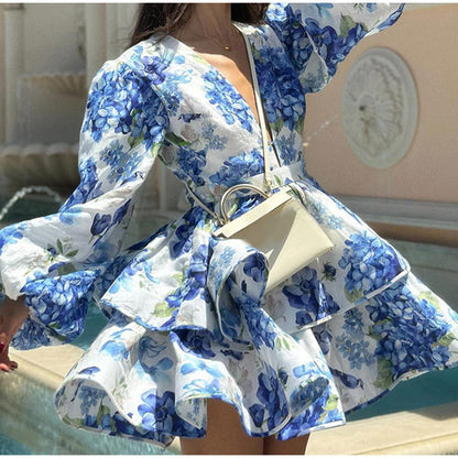 Long sleeve printed dress with ruffles, slim fit 