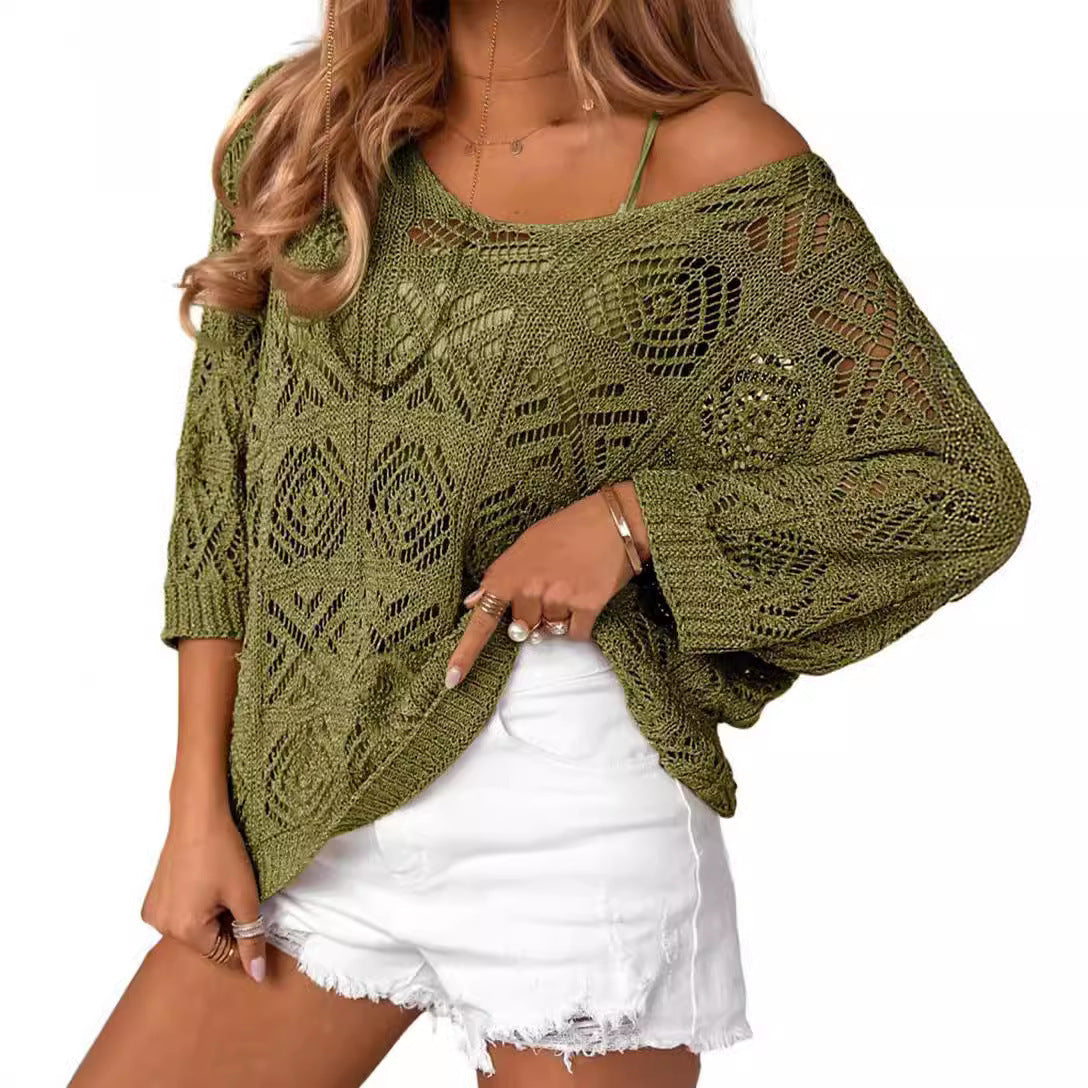 Pull  Épaules Dénudées  en Crochet ajouré – Manches Trois-quarts